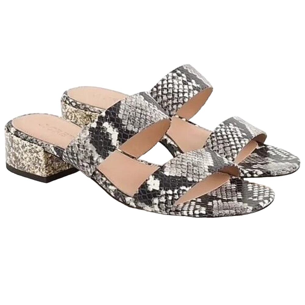 J. Crew Snake Print Embossed Leather Sandals Women Sz 9.5 Black Slip On Heels
